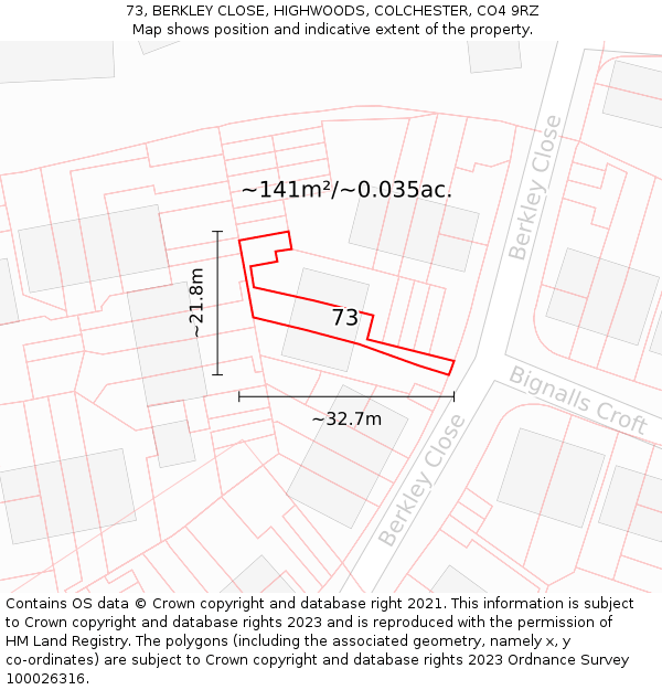 73, BERKLEY CLOSE, HIGHWOODS, COLCHESTER, CO4 9RZ: Plot and title map