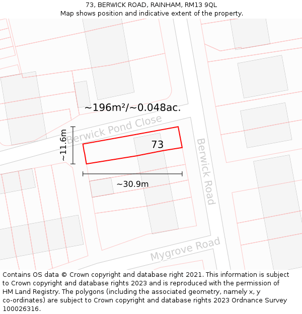 73, BERWICK ROAD, RAINHAM, RM13 9QL: Plot and title map