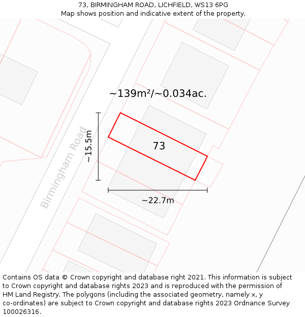 73, BIRMINGHAM ROAD, LICHFIELD, WS13 6PG: Plot and title map