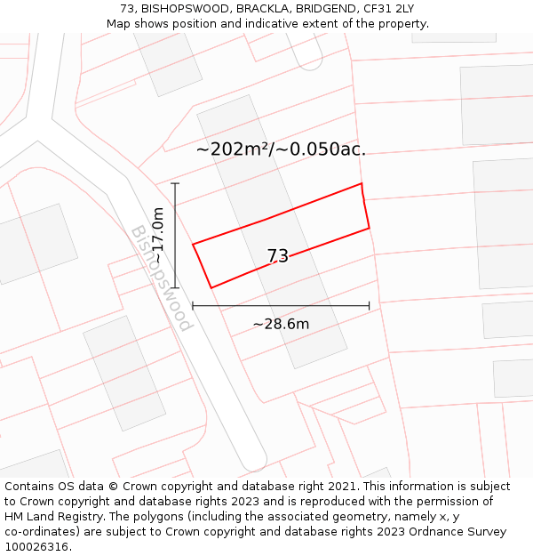 73, BISHOPSWOOD, BRACKLA, BRIDGEND, CF31 2LY: Plot and title map