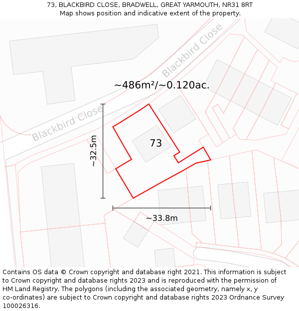 73, BLACKBIRD CLOSE, BRADWELL, GREAT YARMOUTH, NR31 8RT: Plot and title map