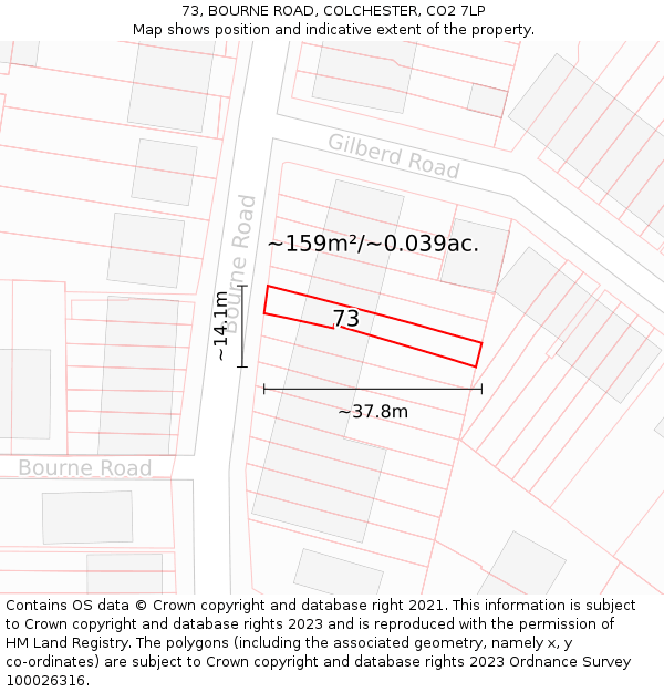 73, BOURNE ROAD, COLCHESTER, CO2 7LP: Plot and title map