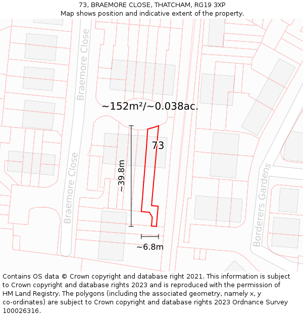 73, BRAEMORE CLOSE, THATCHAM, RG19 3XP: Plot and title map