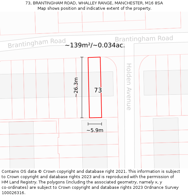 73, BRANTINGHAM ROAD, WHALLEY RANGE, MANCHESTER, M16 8SA: Plot and title map