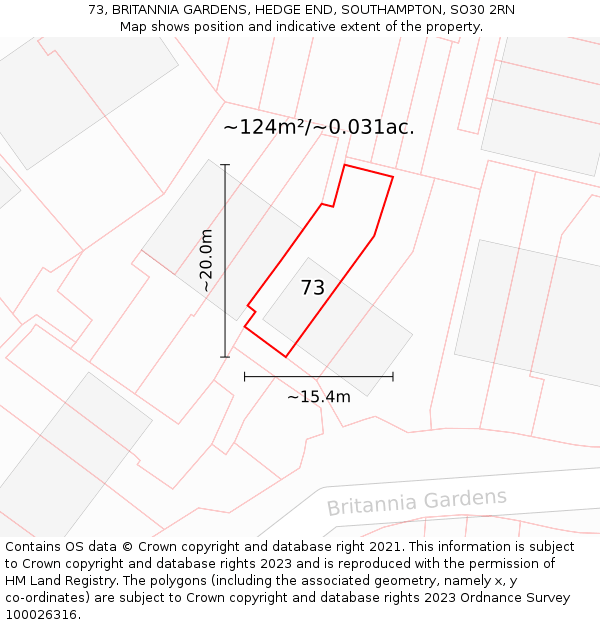 73, BRITANNIA GARDENS, HEDGE END, SOUTHAMPTON, SO30 2RN: Plot and title map