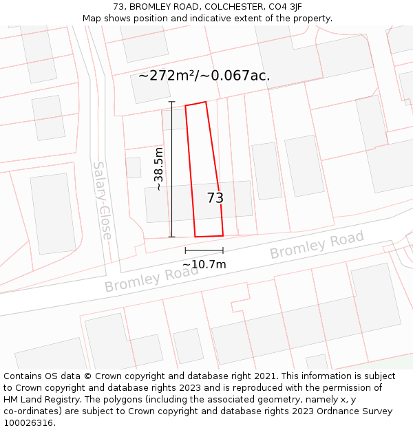 73, BROMLEY ROAD, COLCHESTER, CO4 3JF: Plot and title map