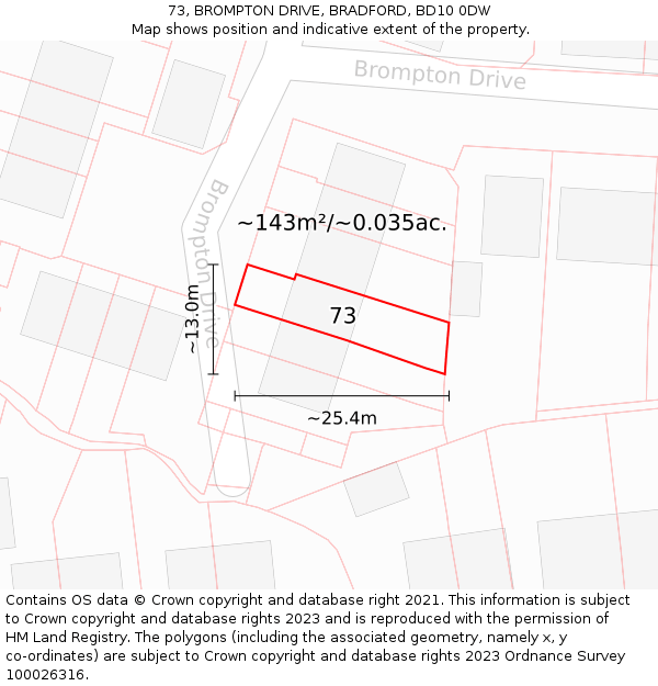 73, BROMPTON DRIVE, BRADFORD, BD10 0DW: Plot and title map