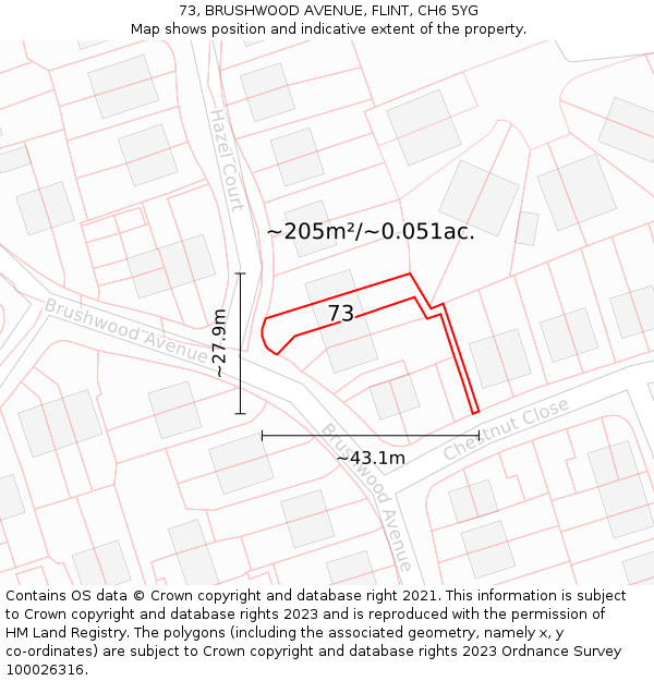73, BRUSHWOOD AVENUE, FLINT, CH6 5YG: Plot and title map