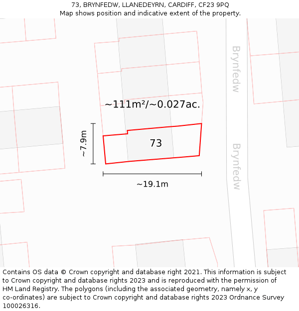 73, BRYNFEDW, LLANEDEYRN, CARDIFF, CF23 9PQ: Plot and title map