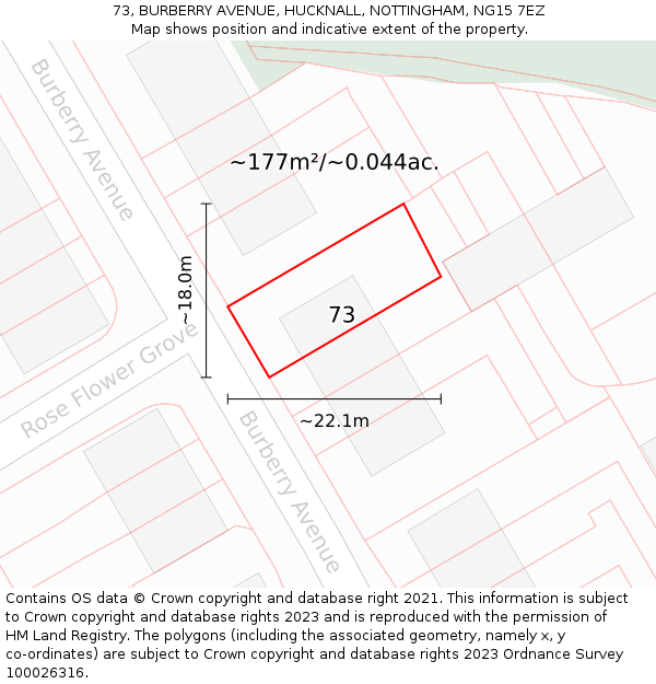 73, BURBERRY AVENUE, HUCKNALL, NOTTINGHAM, NG15 7EZ: Plot and title map