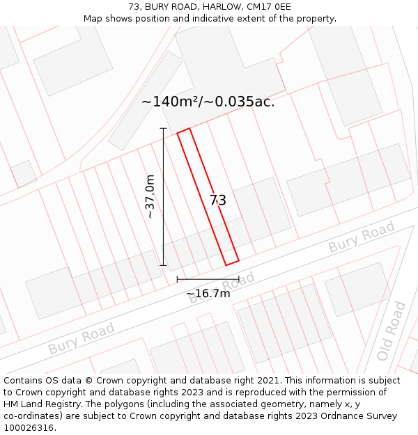 73, BURY ROAD, HARLOW, CM17 0EE: Plot and title map