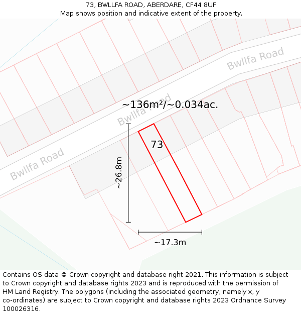 73, BWLLFA ROAD, ABERDARE, CF44 8UF: Plot and title map