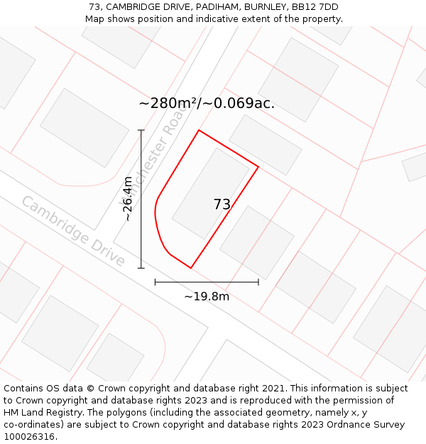 73, CAMBRIDGE DRIVE, PADIHAM, BURNLEY, BB12 7DD: Plot and title map