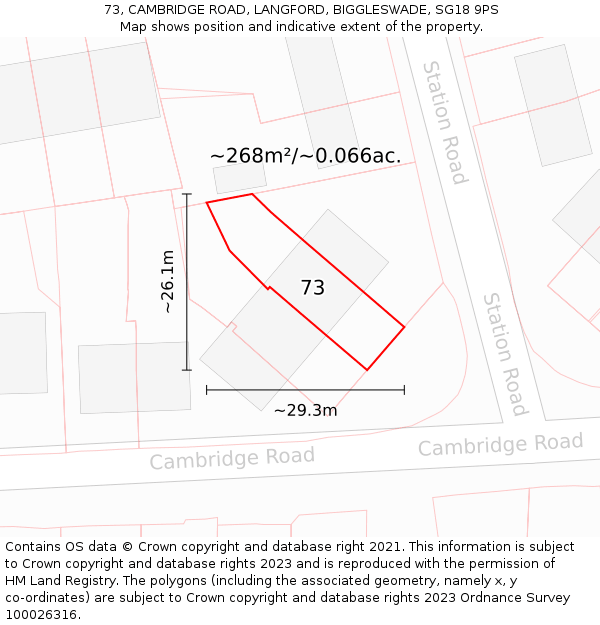 73, CAMBRIDGE ROAD, LANGFORD, BIGGLESWADE, SG18 9PS: Plot and title map