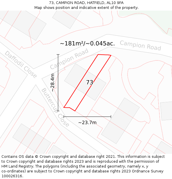 73, CAMPION ROAD, HATFIELD, AL10 9FA: Plot and title map