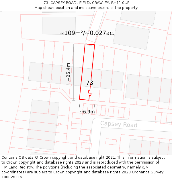 73, CAPSEY ROAD, IFIELD, CRAWLEY, RH11 0UF: Plot and title map