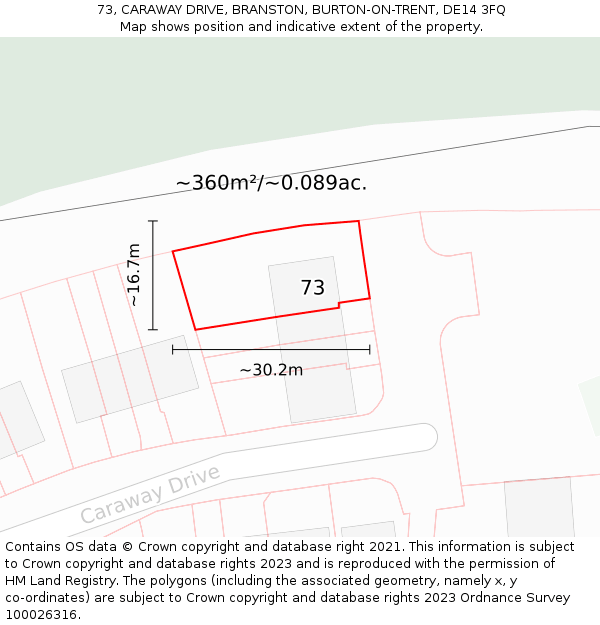 73, CARAWAY DRIVE, BRANSTON, BURTON-ON-TRENT, DE14 3FQ: Plot and title map
