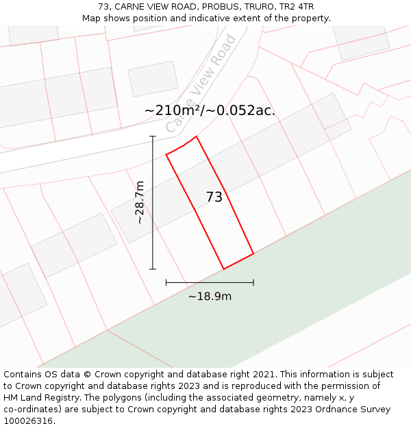 73, CARNE VIEW ROAD, PROBUS, TRURO, TR2 4TR: Plot and title map