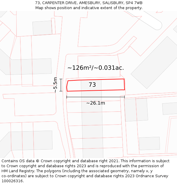 73, CARPENTER DRIVE, AMESBURY, SALISBURY, SP4 7WB: Plot and title map
