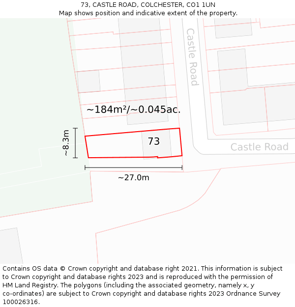 73, CASTLE ROAD, COLCHESTER, CO1 1UN: Plot and title map