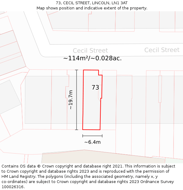 73, CECIL STREET, LINCOLN, LN1 3AT: Plot and title map