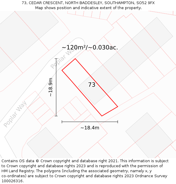 73, CEDAR CRESCENT, NORTH BADDESLEY, SOUTHAMPTON, SO52 9FX: Plot and title map