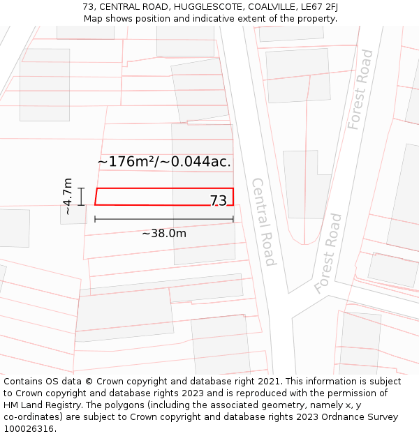 73, CENTRAL ROAD, HUGGLESCOTE, COALVILLE, LE67 2FJ: Plot and title map