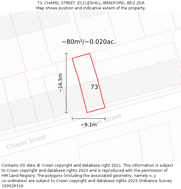 73, CHAPEL STREET, ECCLESHILL, BRADFORD, BD2 2DA: Plot and title map