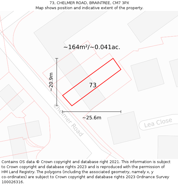 73, CHELMER ROAD, BRAINTREE, CM7 3PX: Plot and title map