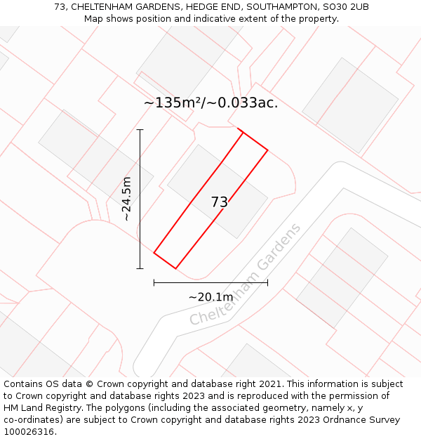 73, CHELTENHAM GARDENS, HEDGE END, SOUTHAMPTON, SO30 2UB: Plot and title map