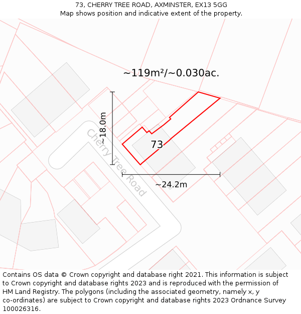 73, CHERRY TREE ROAD, AXMINSTER, EX13 5GG: Plot and title map