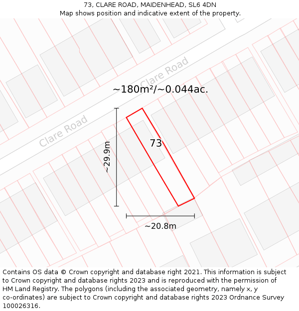73, CLARE ROAD, MAIDENHEAD, SL6 4DN: Plot and title map