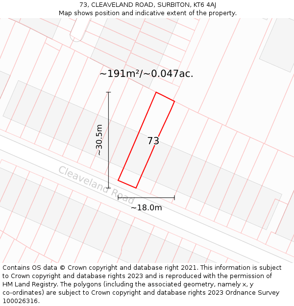 73, CLEAVELAND ROAD, SURBITON, KT6 4AJ: Plot and title map