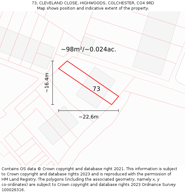 73, CLEVELAND CLOSE, HIGHWOODS, COLCHESTER, CO4 9RD: Plot and title map