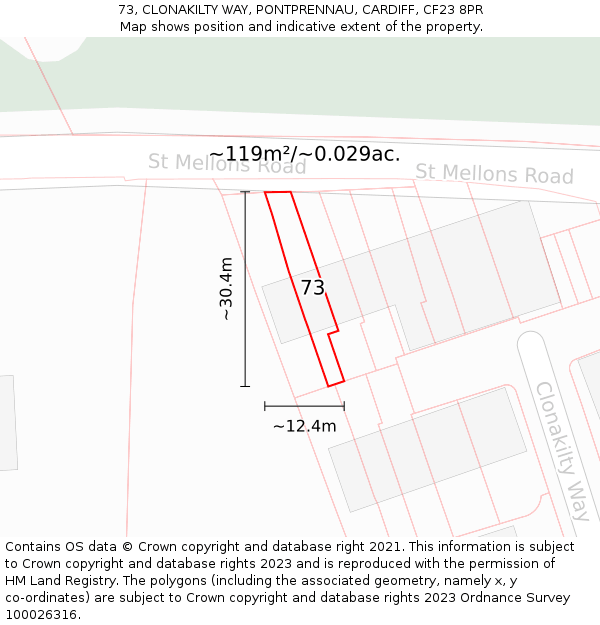 73, CLONAKILTY WAY, PONTPRENNAU, CARDIFF, CF23 8PR: Plot and title map
