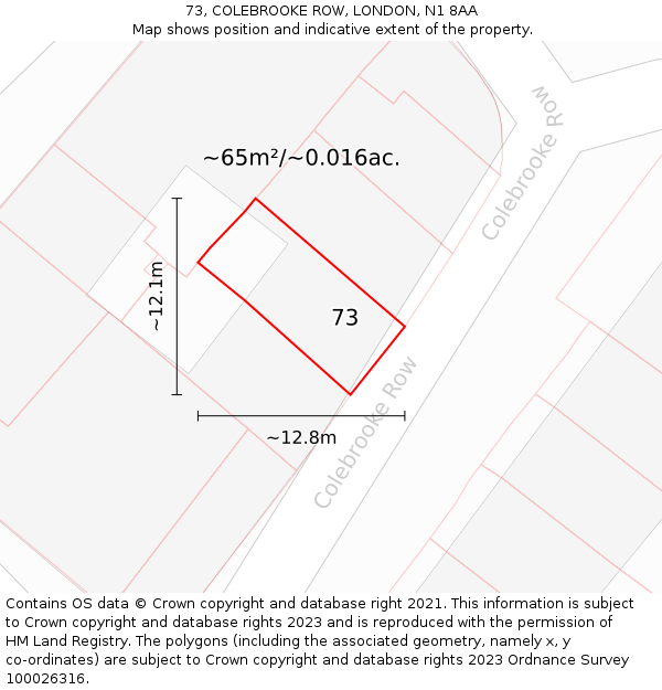 73, COLEBROOKE ROW, LONDON, N1 8AA: Plot and title map