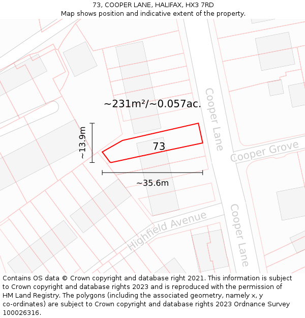 73, COOPER LANE, HALIFAX, HX3 7RD: Plot and title map