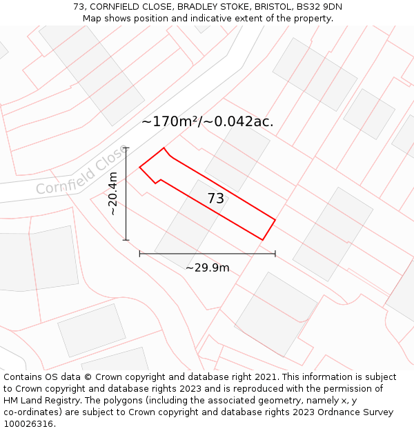 73, CORNFIELD CLOSE, BRADLEY STOKE, BRISTOL, BS32 9DN: Plot and title map
