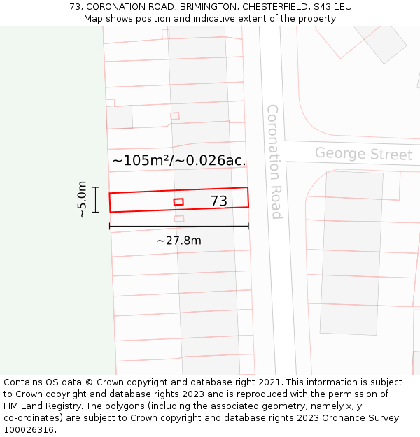 73, CORONATION ROAD, BRIMINGTON, CHESTERFIELD, S43 1EU: Plot and title map