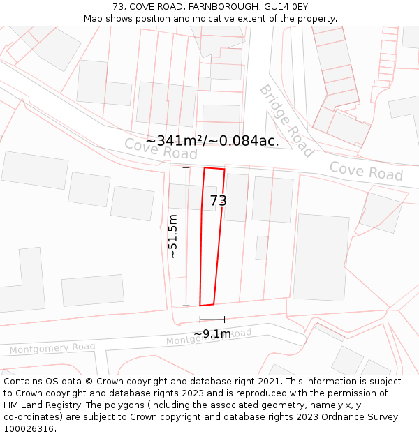 73, COVE ROAD, FARNBOROUGH, GU14 0EY: Plot and title map