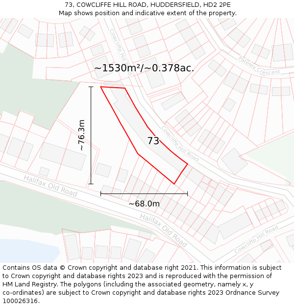 73, COWCLIFFE HILL ROAD, HUDDERSFIELD, HD2 2PE: Plot and title map