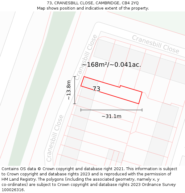 73, CRANESBILL CLOSE, CAMBRIDGE, CB4 2YQ: Plot and title map