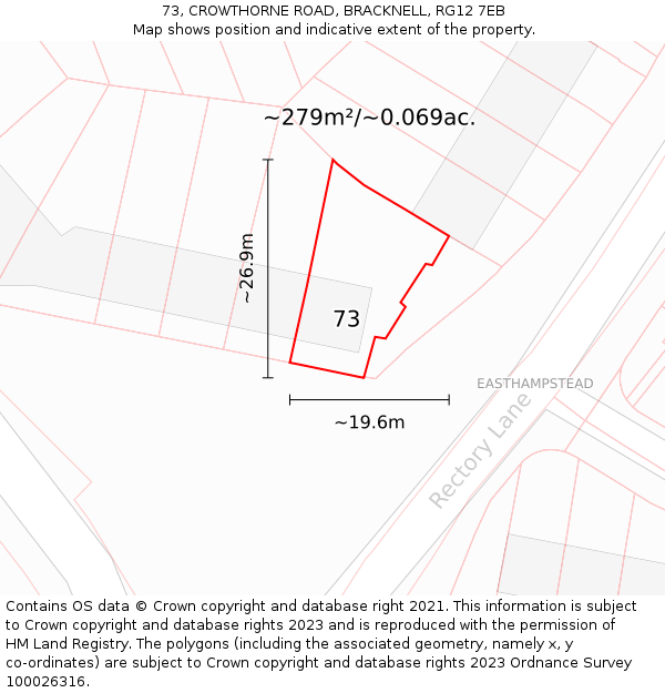 73, CROWTHORNE ROAD, BRACKNELL, RG12 7EB: Plot and title map