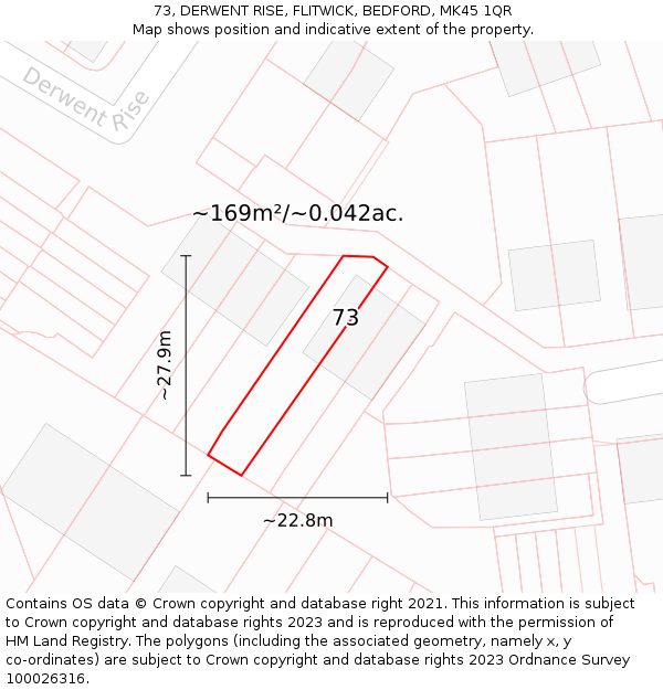 73, DERWENT RISE, FLITWICK, BEDFORD, MK45 1QR: Plot and title map