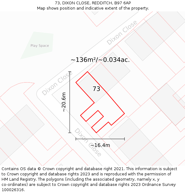 73, DIXON CLOSE, REDDITCH, B97 6AP: Plot and title map