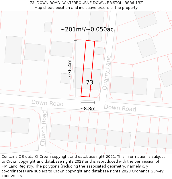 73, DOWN ROAD, WINTERBOURNE DOWN, BRISTOL, BS36 1BZ: Plot and title map