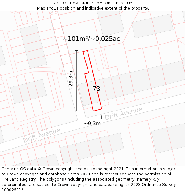 73, DRIFT AVENUE, STAMFORD, PE9 1UY: Plot and title map