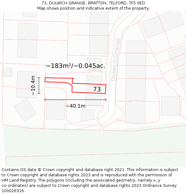 73, DULWICH GRANGE, BRATTON, TELFORD, TF5 0ED: Plot and title map