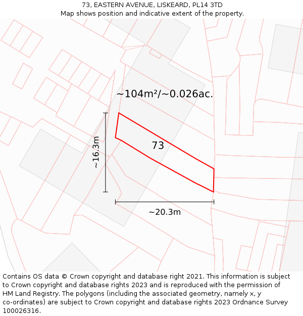 73, EASTERN AVENUE, LISKEARD, PL14 3TD: Plot and title map