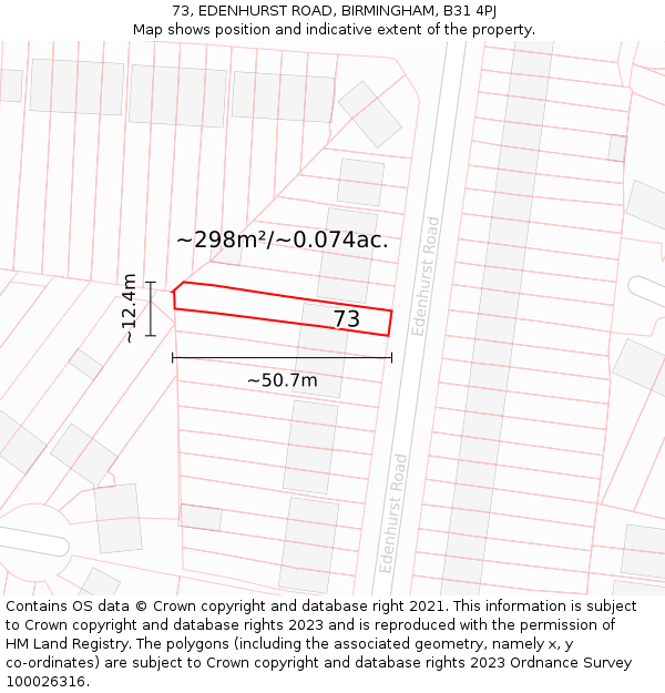 73, EDENHURST ROAD, BIRMINGHAM, B31 4PJ: Plot and title map
